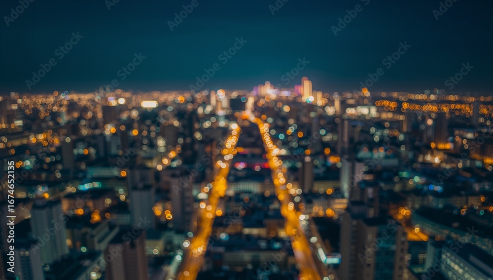 Fototapeta premium Nighttime city avenue stretching from rooftop, with streetlights, lit windows, distant towers