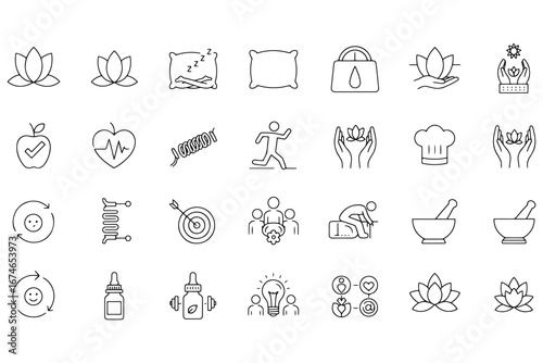 Wellness and Healthy Lifestyle Icon Set with Lotus Flower Healthy Heart Nutrition and Relaxation Techniques for a Holistic Approach to Wellbeing