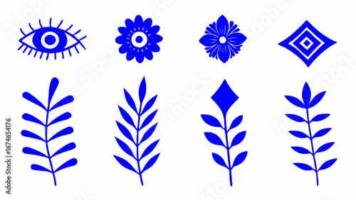 Abstract Blue Hand-Drawn Symbol Collection, Vector abstract logo templates, icons and symbols, art prints with minimal shapes in floral wavy ink rough hand drawn naive style