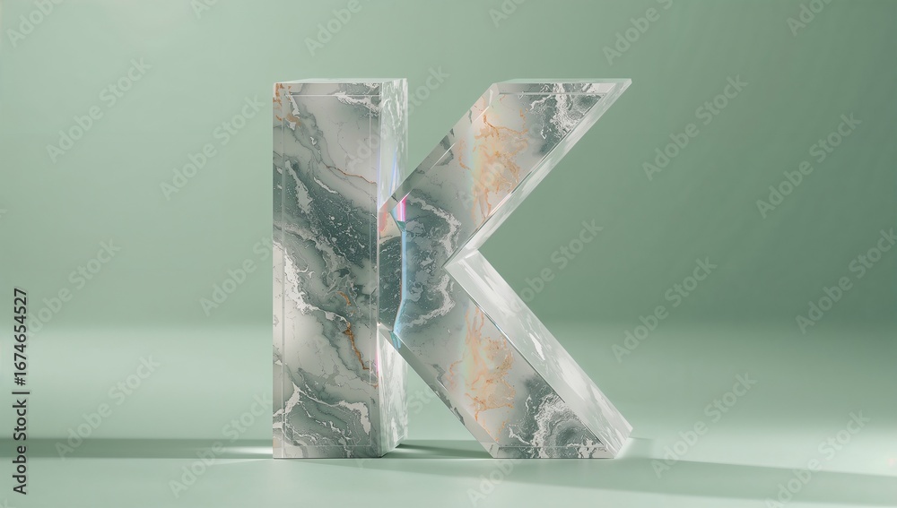Standing marble-textured 3D letter K showing swirling gold veins on mint green platform in studio Standing marble-textured 3D letter K showing swirling gold veins on mint green platform in studio
