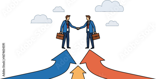 Business handshake on merging arrows, corporate partnership and professional merger concept, businessmen closing deal vector illustration