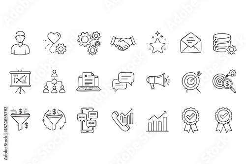 Business and Marketing Strategy Icons Vector Set Outlined for Presentations Websites and Digital Content Creation Representing Growth and Success