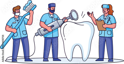Three cartoon dental professionals providing care to a large tooth, illustrating oral hygiene and dentistry concepts.