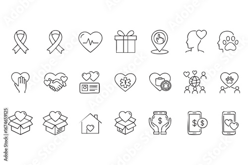Charity and Donation Icons Set for Social Causes Healthcare and Animal Welfare Initiatives Promoting Generosity and Community Support through Fundraising