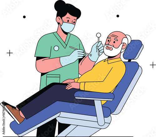 A senior man receiving a dental checkup from a dentist.