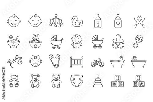 Collection of Baby Items Outline Icons Seamless Pattern Vector Illustration Showcasing Essential Elements for Newborns Infants and Early Childhood Development