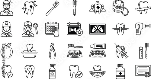 A collection of dental icons, including dentists, tools, and procedures.