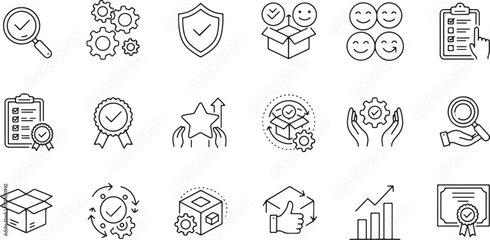 Fototapeta premium Collection of Black and White Line Art Icons Representing Quality Assurance Management and Customer Satisfaction Processes for Business Success and Growth