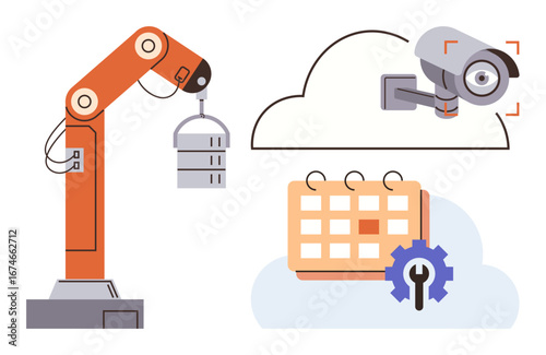 Industrial robotic arm, cloud with integrated surveillance camera, and calendar with gear icon. Ideal for automation, industry, technology, security, planning IoT smart systems. Simple flat