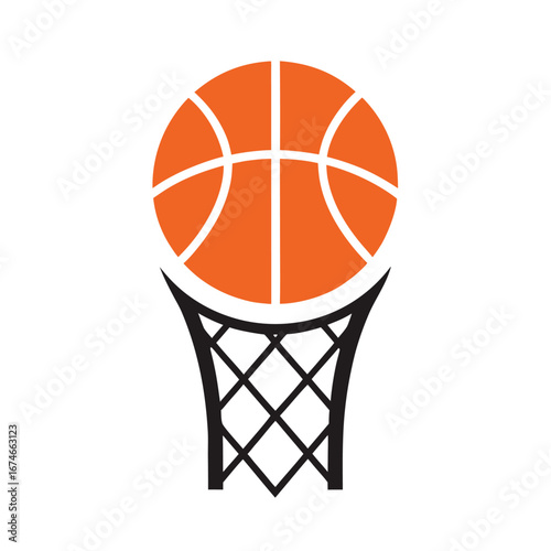 Orange basketball above a black basketball hoop on a white background sport game