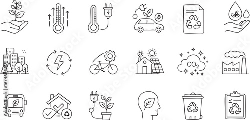 Collection of Environmentally Friendly Icons Showcasing Sustainable Practices and Green Technologies for a Healthy Future with Renewable Energy and Conservation Efforts