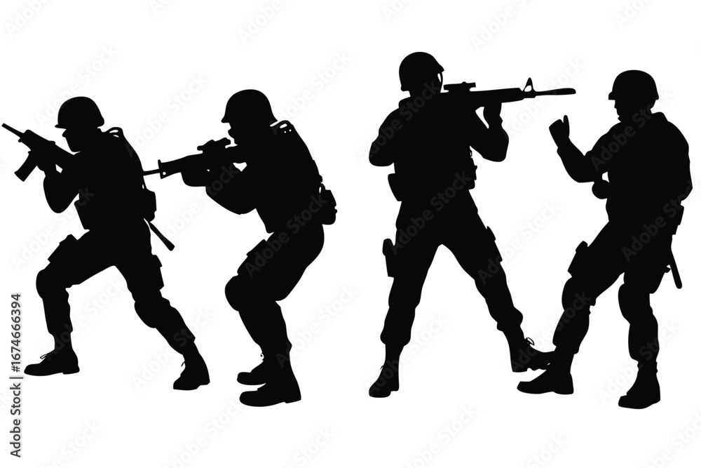 Obraz premium Four Silhouette Soldiers in Dynamic Poses with Rifles on White Background military army