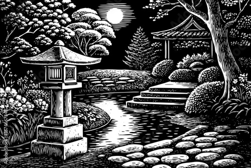 Japanese garden at night with koi pond, lanterns glowing under moonlight, peaceful trees, flowers and stone bridge black and white sketch