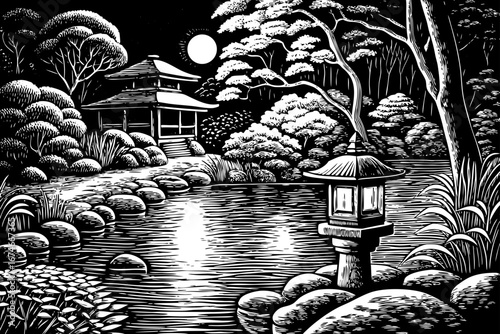Japanese garden at night with koi pond, lanterns glowing under moonlight, peaceful trees, flowers and stone bridge black and white sketch