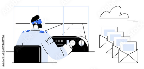 Pilot seated in cockpit adjusting controls and dials, with digitally-rendered mail envelopes flying towards a cloud. Ideal for aviation, technology, communication, teamwork, data transfer, remote