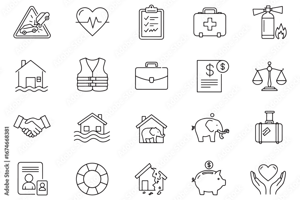Fototapeta premium Collection of Insurance and Safety Line Icons Representing Various Types of Coverage and Protection Services for Life and Property