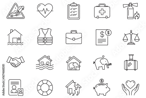 Collection of Insurance and Safety Line Icons Representing Various Types of Coverage and Protection Services for Life and Property