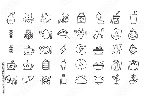 Collection of Line Art Nutrition and Diet Icons Representing Healthy Lifestyle Choices Balanced Meals and Digestive Health for Wellness and Fitness Concepts