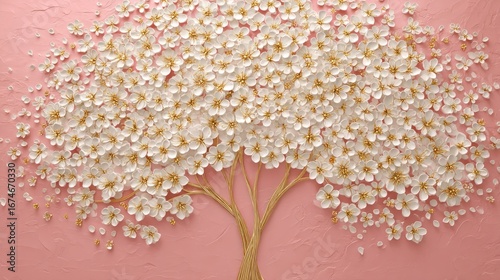 Elegant tree with white flowers and gold accents on a textured pink background creating a serene and artistic scene