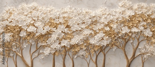 Elegant floral trees with gold leaves and white blossoms on a marble background for a luxurious design