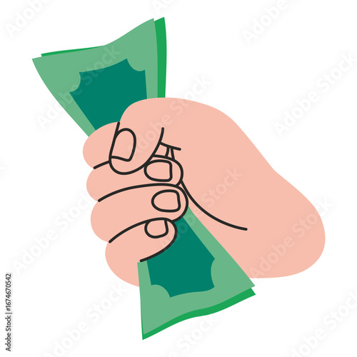 Hand tightly holding cash. Symbol of finance, money, wealth and earnings concept. Trendy modern vector illustration isolated on white background, hand drawn, flat design