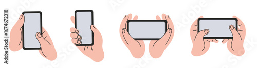 Set with Hands holding smartphone in various positions. Trendy modern vector illustration isolated on white background, hand drawn, flat design
