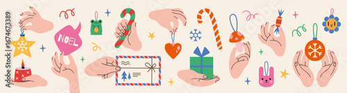 Hands holding Christmas tree decorations, candy canes and festive elements. Holiday shopping and gift set. Trendy modern vector illustration isolated on light background, hand drawn, flat design