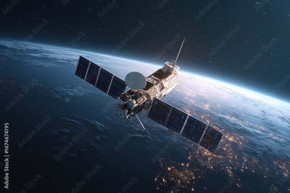 Fototapeta premium Sleek High-Tech Artificial Satellite Orbiting Earth Amid Twinkling Stars