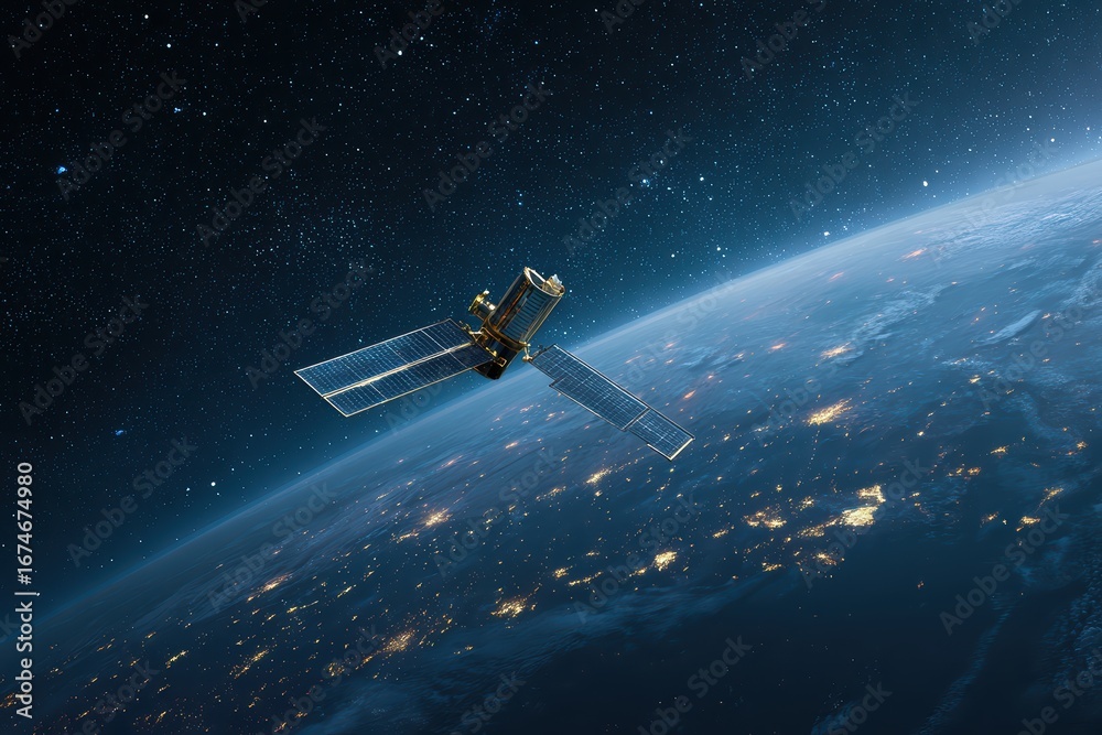 Obraz premium Sleek High-Tech Artificial Satellite Orbiting Earth Amid Twinkling Stars