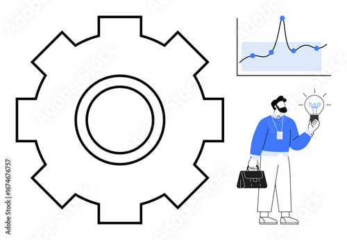 Large gear symbolizing process and efficiency, man holding lightbulb for innovation, line graph showcasing data trends. Ideal for business growth, problem-solving, strategy, analysis, innovation