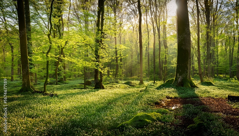 Fototapeta premium spring woodland a forest in springtime a scene of lush greenery and budding leaves
