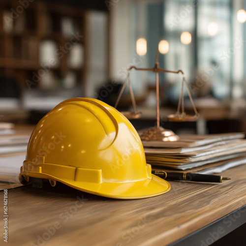Derecho laboral con casco de obra sobre escritorio jurídico, junto a balanza de justicia y documentos, que representa la protección legal de trabajadores y el rol de abogado laboralista profesional