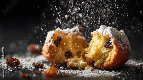 Close-up oliebol broken open fluffy golden inside with powdered sugar.