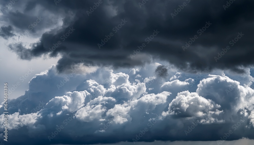 Fototapeta premium large dark clouds above cover light clouds below in the sky close up dark and white swirling clouds divide the sky sharp weather change cloudy background