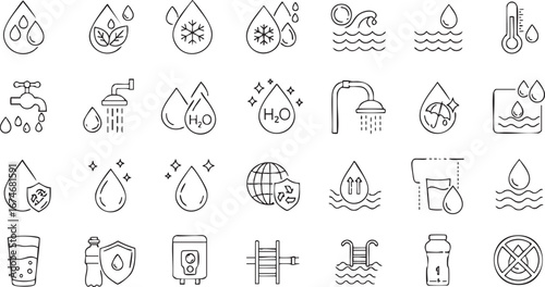 Collection of Water Related Line Icons for Various Purposes Showcasing the Importance of Clean Water and Its Diverse Applications in Modern Life