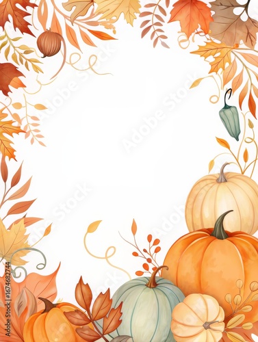 Watercolor autumn frame with pumpkins and leaves isolated on white background