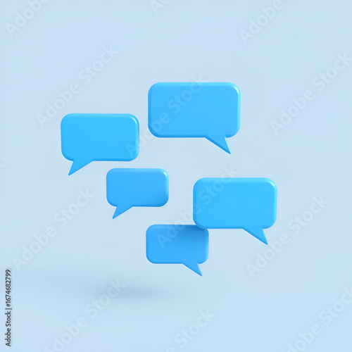 Minimalist blue speech bubbles talk icons floating over background. Modern conversation or social media messages with shadow. 3D rendering