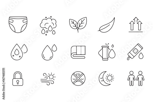 Diaper icons set symbolizing baby care and environment health with water drop leaves sun wind lock towel cream and other symbols in outline style