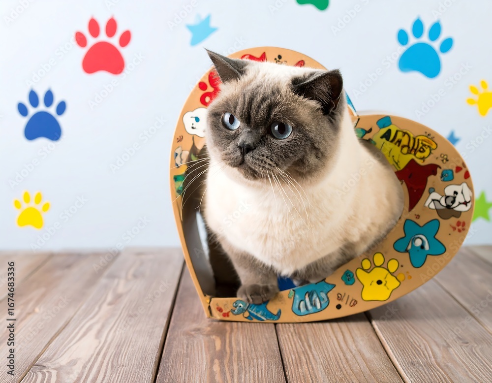 Naklejka premium A cream-colored cat sits in a heart-shaped cutout on a wooden surface