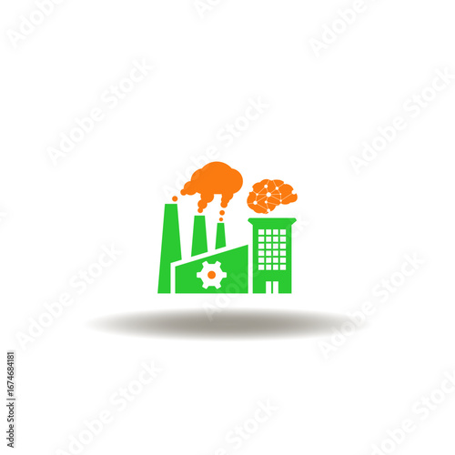 Vector illustration of working factory with pinion and brain. Symbol of industry reinforcement learning.