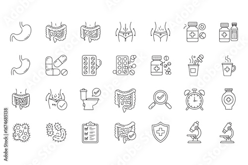 Gastrointestinal Health and Wellness Vector Icon Set Representing Digestive System and Treatment Options for Gut Issues Promoting Healthy Living and Medical Care