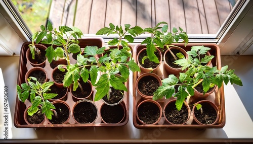 indoor grown tomato seedlings in pots with vibrant green leaves on a sunlit table by the window gardening hobby with organic vegetable planting overhead perspective
