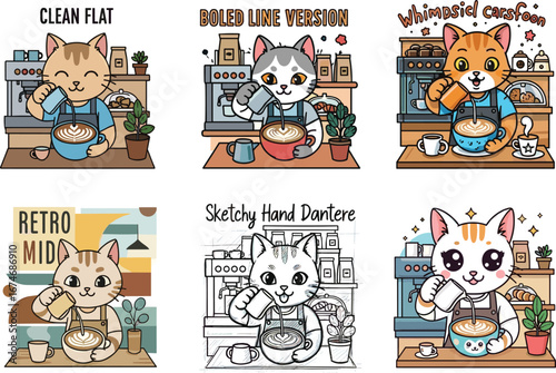 Cute coffee shop cats making latte art, cartoon style, barista animal characters, coffee lovers illustration, cat cafe theme, flat vector illustration