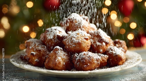 Close-up oliebollen arranged neatly on porcelain plate with powdered sugar.