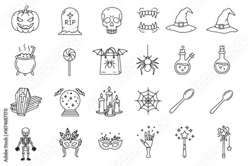 Line Art Halloween Icons Seamless Pattern Featuring Spooky Symbols Like Pumpkins Skulls Coffins And Magic Wands For Festive Backgrounds And Creative Designs