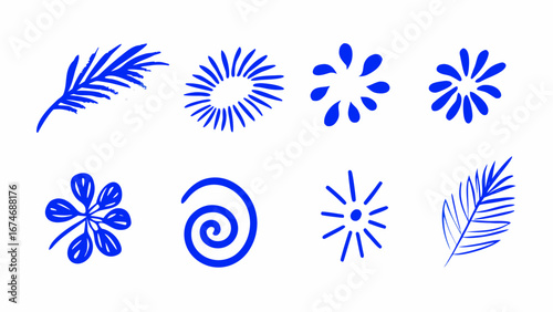 Hand-Drawn Blue Nature Icons Set – Plants, Flowers, Spirals and Sun Symbols,  Vector abstract logo templates, icons and symbols, art prints with minimal shapes in floral wavy ink rough hand drawn  