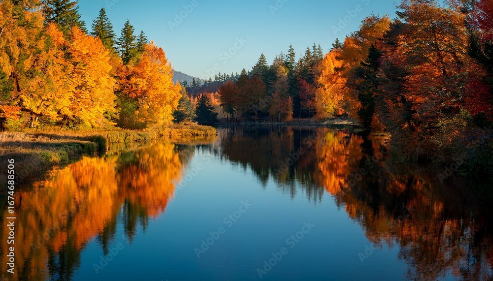 Fototapeta premium golden autumn trees reflected in calm river