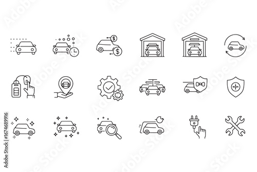 Set of linear icons representing car service maintenance repair selling and electric vehicle technology concepts for modern transportation automotive and garage assistance services