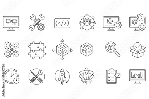 Set of Outline DevOps and Software Development Icons Depicting Automation Integration and Continuous Delivery for Web and Mobile Applications and Digital Transformation Strategies