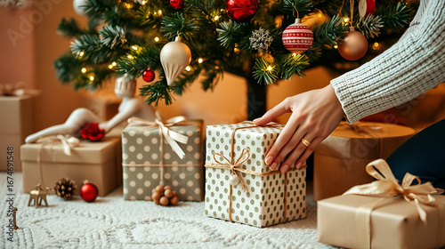 Woman's hand preparing gifts under the christmas tree